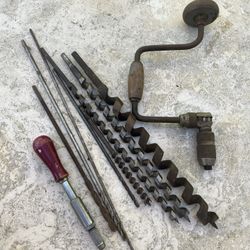 Vintage Hand Drill w/ Long Drill Bits