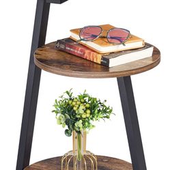 Round End Table Side Table with Metal Frame, Accent Nightstand Bedside Table with 3-Tier Shelves, Small Couch Coffee Table for Living Room Bedroom Rus