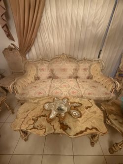 Antique Italian 6 Chairs 1 Big Coffee Table 2 Small Table Set