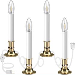 4PCS Electric Window Candle Lights with Gold Base Outlet, 5FT Window Candle Lights Cord with 0.6W C26 Clear Bulb On/Off Switch Plug-in 