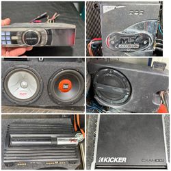 Kicker, Sony explode, 2-12” subs in box, MTX, Sony, Alpine