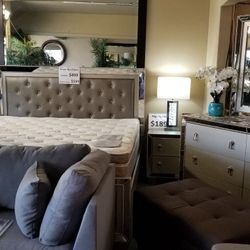 Brand New Silver King Or CA King Bedframe, Dresser, Mirror, Nightstand 4PCs Bedroom Set