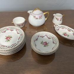 Miniature Porcelain Pink Roses Tea Set