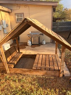 Custom Wooden Sandbox with Roof & Fold-Down Benches