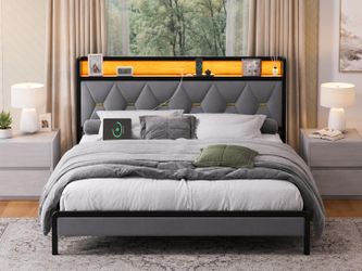 New in box Queen Bed Frame , Upholstered Grey Platform Bed Frame with Typ-C Charging Port, LED Bed Frame with Storage Headboard,Metal Slats, Heavy Dut