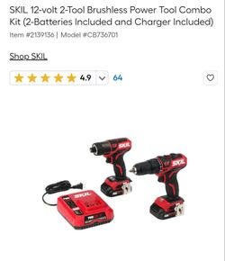 SKIL PWR CORE 12V Brushless 1/2 In. Compact Variable Speed Drill Driver & 1/4 In. Hex Compact 3-Speed Impact Driver Kit,