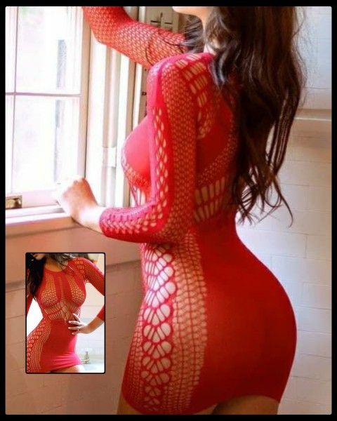NEW IN PACKAGE RED FISHNET LONG SLEEVED MINI DRESS BABYDOLL ONE SIZE FITS ALL