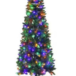 New In Box 6.5 ft. Pre-Lit Hinged Artificial Pencil Christmas Tree with 250 Multi-Color Lights