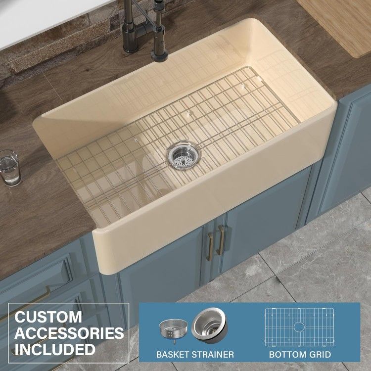 Firecaly Farmhouse Kitchen Sink 33 x 18 Inch Bone Color, Apron Front Undermount Farm Sink Single Bowl, Large Capacity Heavy Duty, with Accessories 2 T