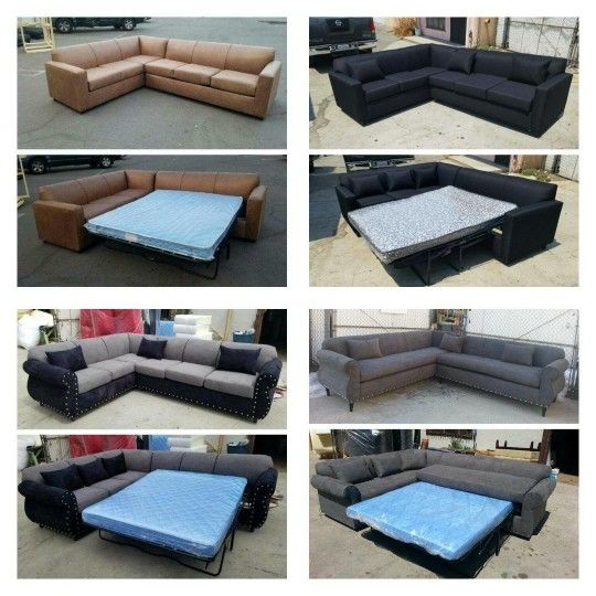 NEW 7X9FT SECTIONAL WITH SLEEPER COUCHES,  DAKOTA CAMEL LEATHER,BLACK FABRIC, CHARCOAL MICROFIBER AND BLACK CHARCOAL COMBO  Sofas 