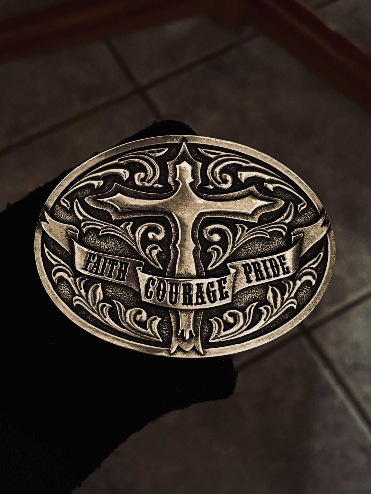 Antiqued Silver Oval Buckle Cody James Cross Faith Courage Pride