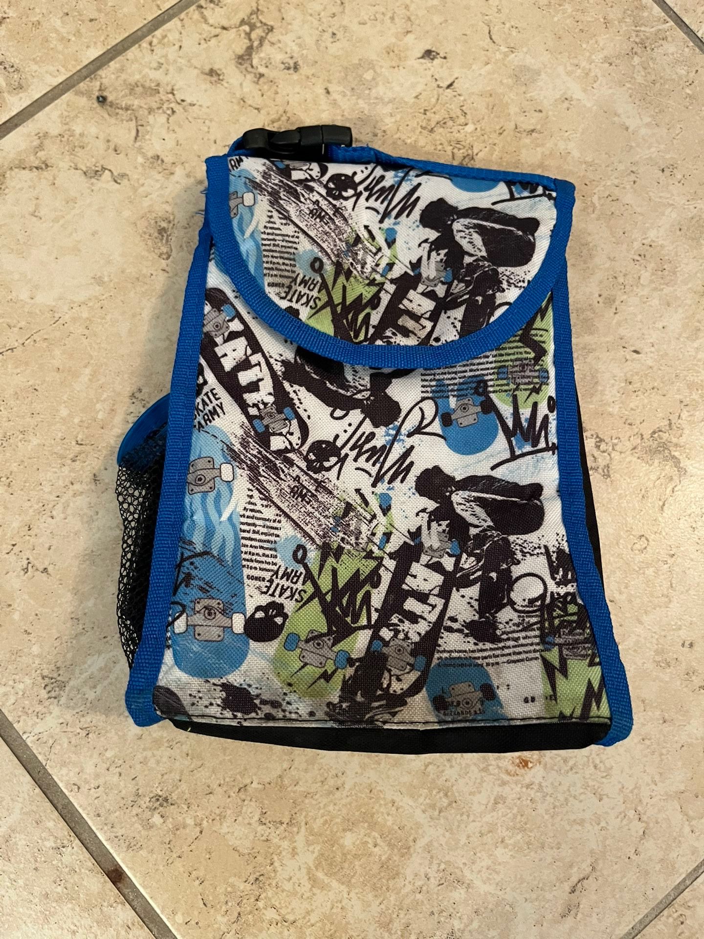 Boys insulated Lunch Box With Strap And Buckle. Drink holder on side