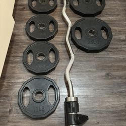 Heavy Duty Curl Bar 25-30 Lbs With Rubber Weights 2x25 And 4x10 Lbs With Clamps Included