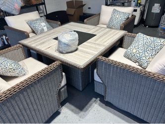 Sunbrella 4ft fireplace coffee table and 4 large swivel chairs patio furniture