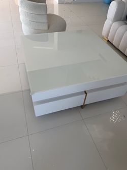 Modern 43" Square White Tempered Glass Coffee Table With 4 Drawers