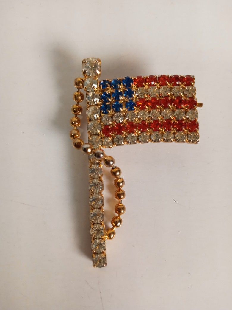 Vintage Rafaelian Rhinestone American Flag Brooch Pin Red White Blue Gold Tone