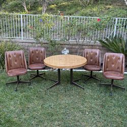 Mid-Century Modern Brown Tufted Dining Set w/ 4 Chairs & Extension Table
