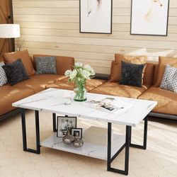 Coffee Table, Faux Marble Top Rectangular Coffee Table with Black Metal Frame, 2-Tier Storage Shelves Living Room Center Table for Living Room, Office