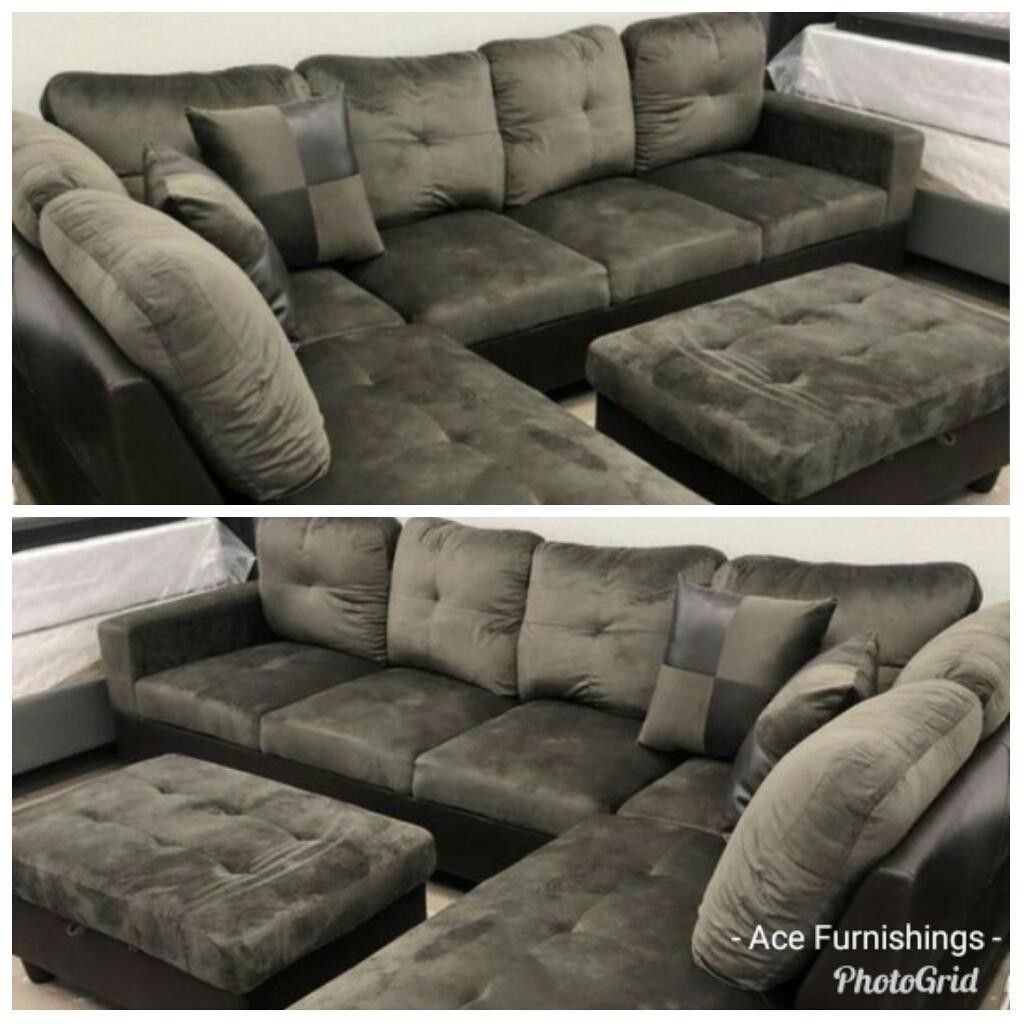 Brand New Charcoal Gray Microfiber Sectional With Storage Ottoman & 2 Decorative Pillows