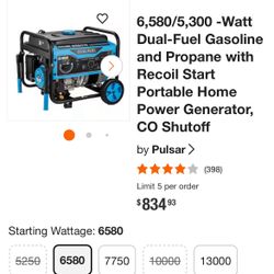 New Pulsar 6500 W Duel Fuel Portable Generator W Power Loss Kit And All Accessories Delivered