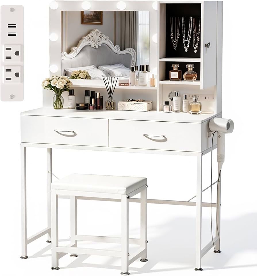 White Vanity Desk with Mirror and Lights 3 Colors, Compact Vanity Set with Bench & Power Outlet, Makeup Vanity Table with 2 Large Drawers and Jewelry 