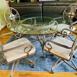 Patio 5 Pcs. Set ( Heavy Glass Table Top And 4 Chairs W/ Rolling Wheels- 