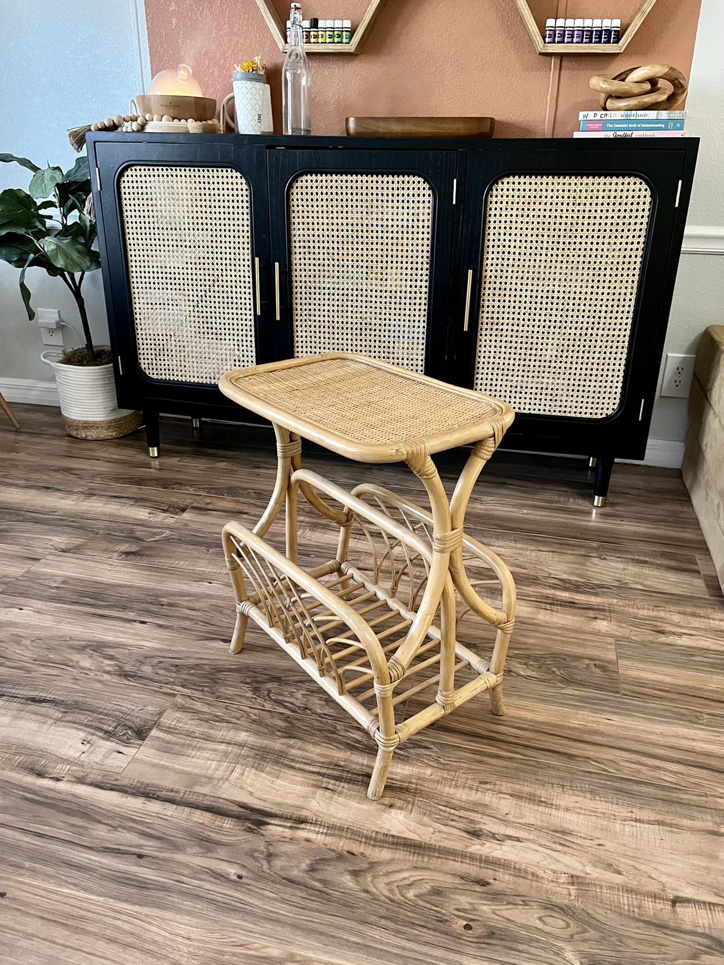 Vintage Rattan End Table Magazine Rack