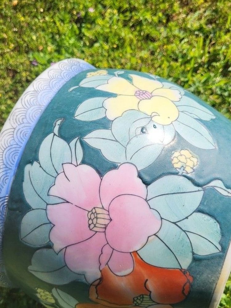 Vintage Chinese China Oriental Floral Ceramic Fishbowl Planter Pot