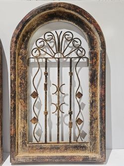 Rustic Arched Wood & Wrought Iron Window Wall Decor Farmhouse Architectural Art