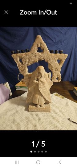 Hanukkah This vintage Judaica art piece of a Rabbi and Star of David Menorah