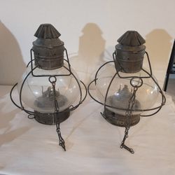 Set Of 2 Antique Onion Shaped Oil Ship Lanterns With Linked Chain
