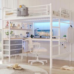 Jocoevol Full Size Loft Bed with L-Shaped Desk, LED Lights,Charging Station, Industrial Heavy Duty Metal Loft Bed Frame with 3 Storage Shelves and 3 F