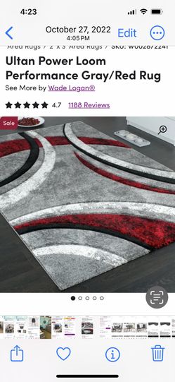 Large area rug: gray/red/black/white