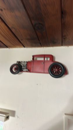 Red vintage racing car, metal wall decor