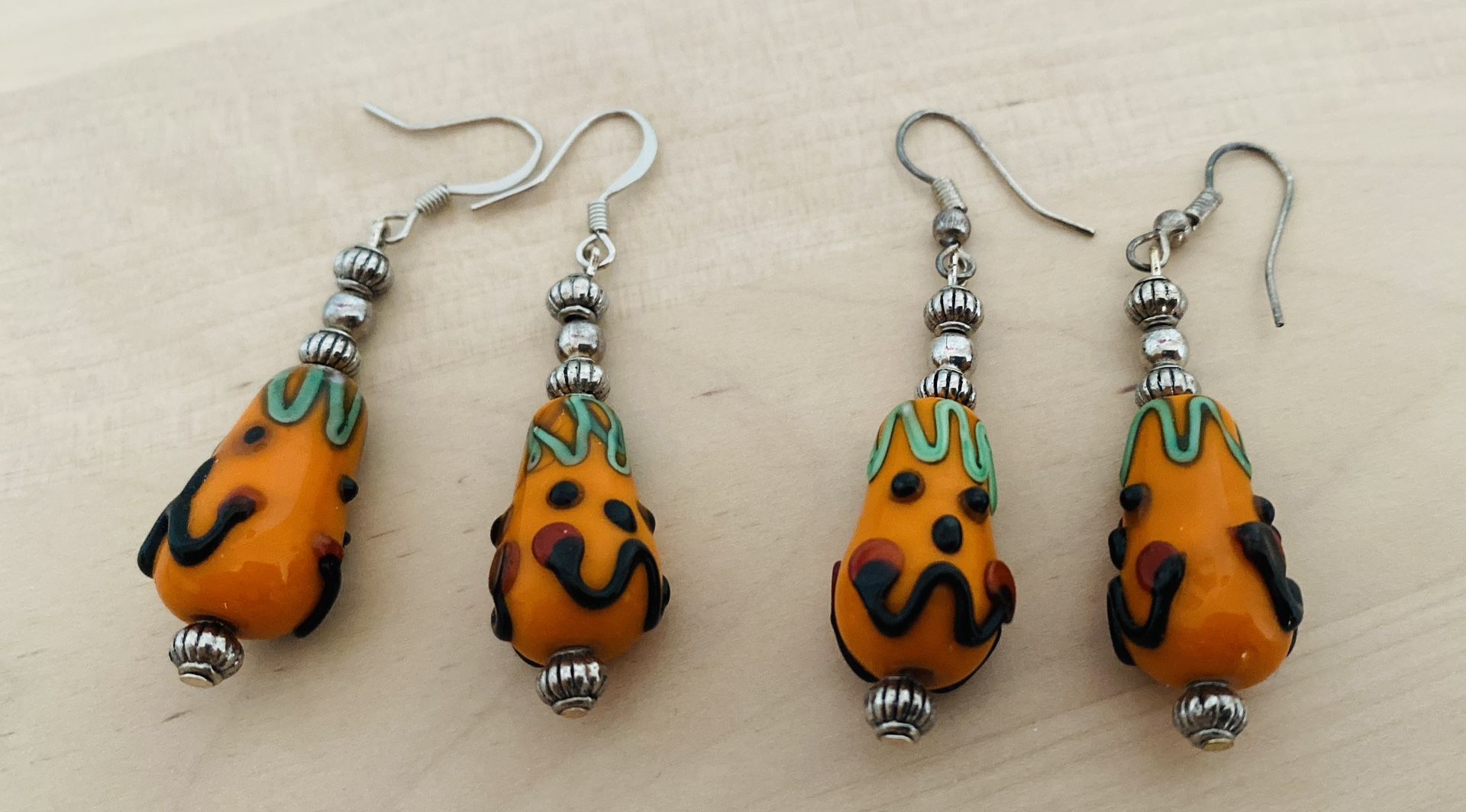 Handmade 2 Pairs Of Pumpkin Face Glass Halloween Earrings