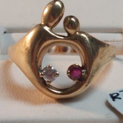 14k Yellow Gold Mother & Child Ring With Ruby 0.04ctw & Cz 0.07ctw Ring Size 9