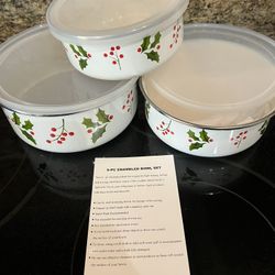 Vintage Christmas Holly Berries Enamel Bowl Set Of 6