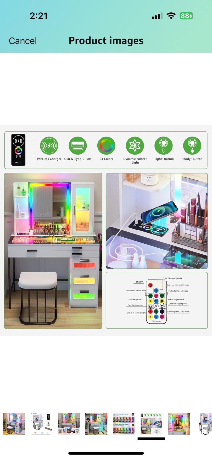 Makeup Vanity Desk with Lights: Vanity Table with Mirror - Dressing Table with Wireless Charging Station & RGB Lights Mobile Vanity with Drawer Glass-