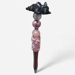 French Bulldog Pink Beaded Ballpoint Twist Pen Black
