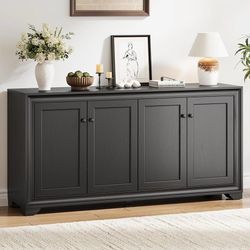 60" Buffet Cabinet with Storage, 4 Doors & Adjustable Shelves Black Credenza Sideboard Cabinets Wood with Adjustable Shelves, Modern Kitchen Coffee Ba