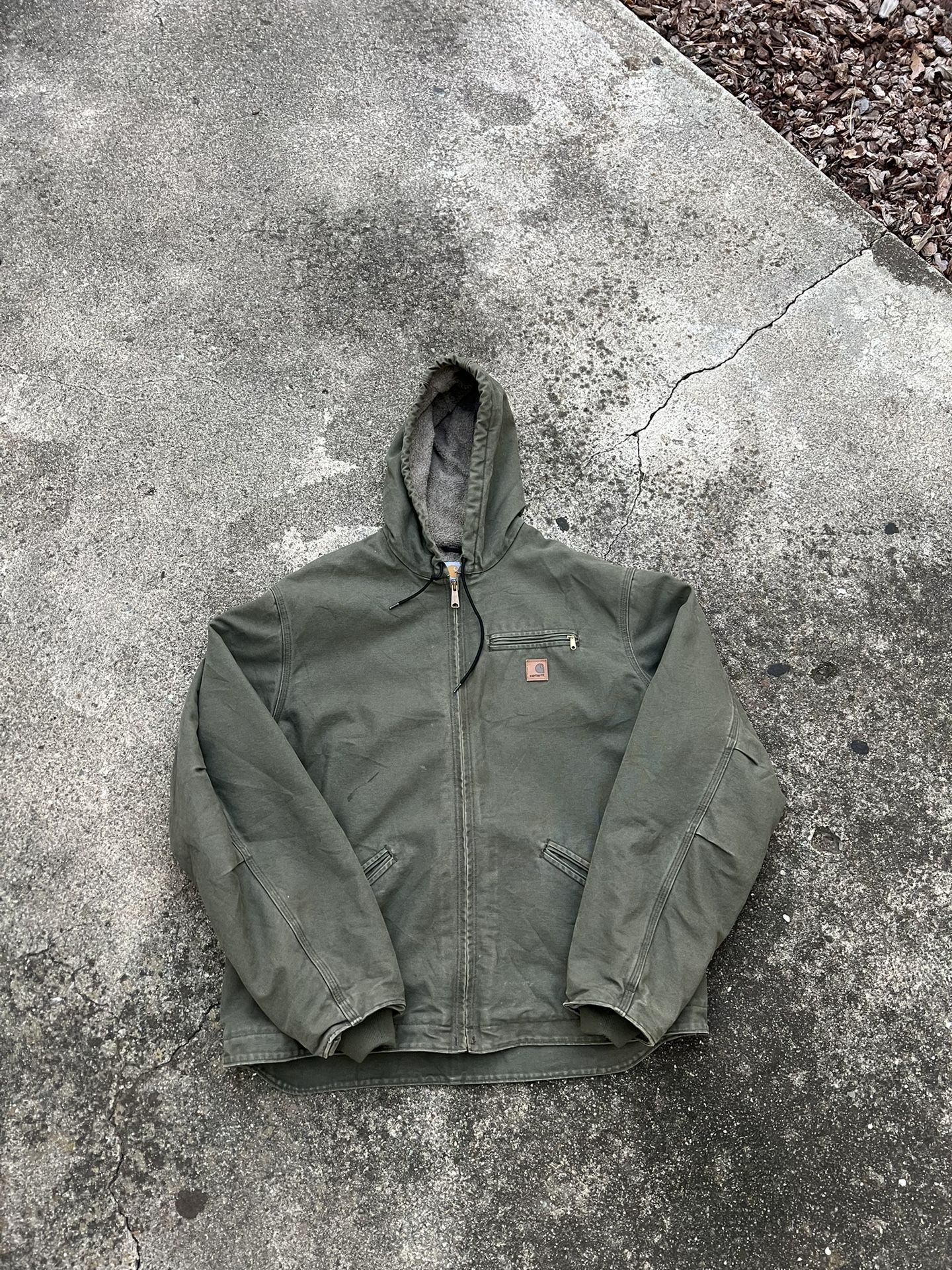 Vintage Carhartt Sherpa Lined J141 LOV Zip Up Hooded Jacket Size XXL Olive/Green
