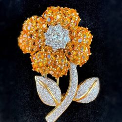 18k solid yellow gold Flower diamonds yellow sapphire 3CTW pin brooch