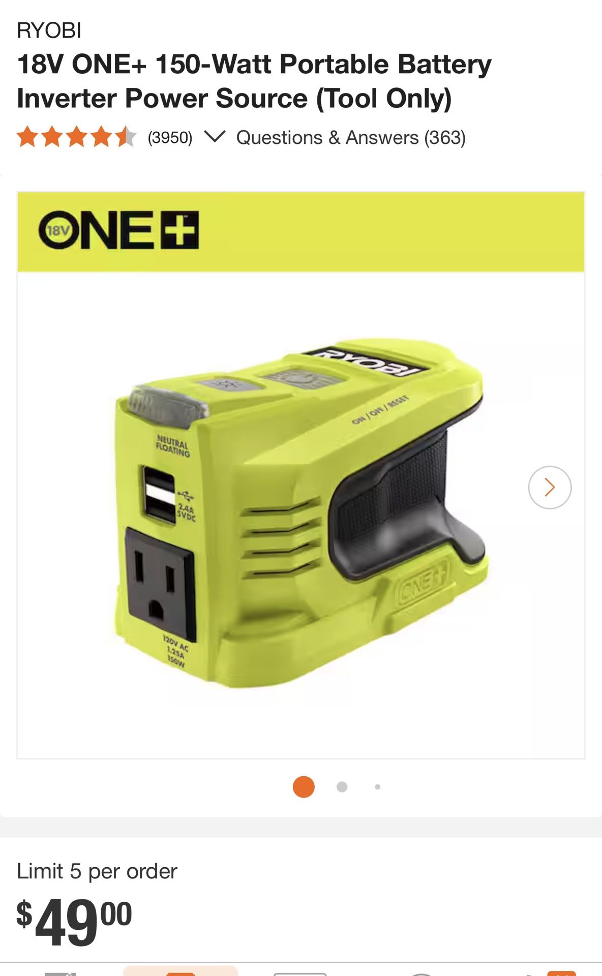 Ryobi 18V ONE+ 150-Watt Power Inverter (Tool Only)