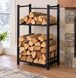 New 2 -Tier Indoor Firewood Log Rack- Black Metal Fireplace Storage