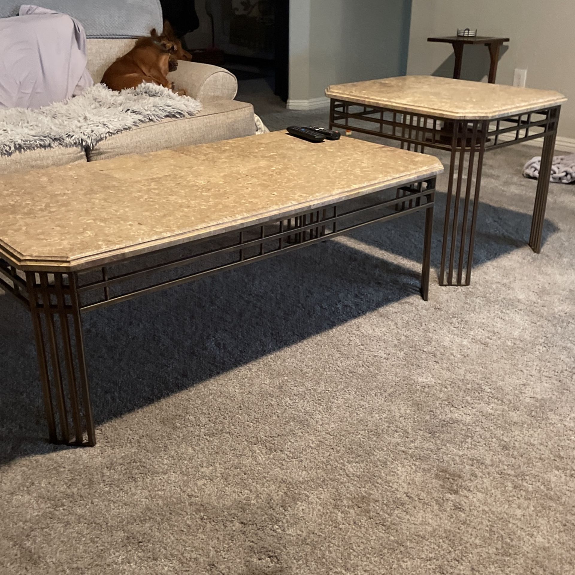Granite And Metal Coffee Table With One End Table