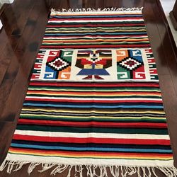 Vintage 1970's Mexican Zapotec Wool Kilim Rug- Aztec Revival Motif 8x4 Feet Handwoven & Double Sided