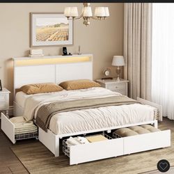 Full Size Bed Frame With Storage +LED Strip Light 