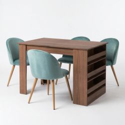 Homy Casa ELROY 5PC Dining Set Brown Table 43.3" with 4PC ZOMBA Velvet Aqua Dining Chair