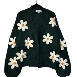 Chic Dark Green Cardigan With Embroidery Flowers Size Small
