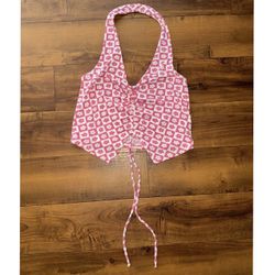 Y2K Pink & White Floral Halter Top 🌸 Adjustable Drawstring | Rebellious Dreamer Size M 💖 Retro Coquette Look | Roller Rink Babe Vibes